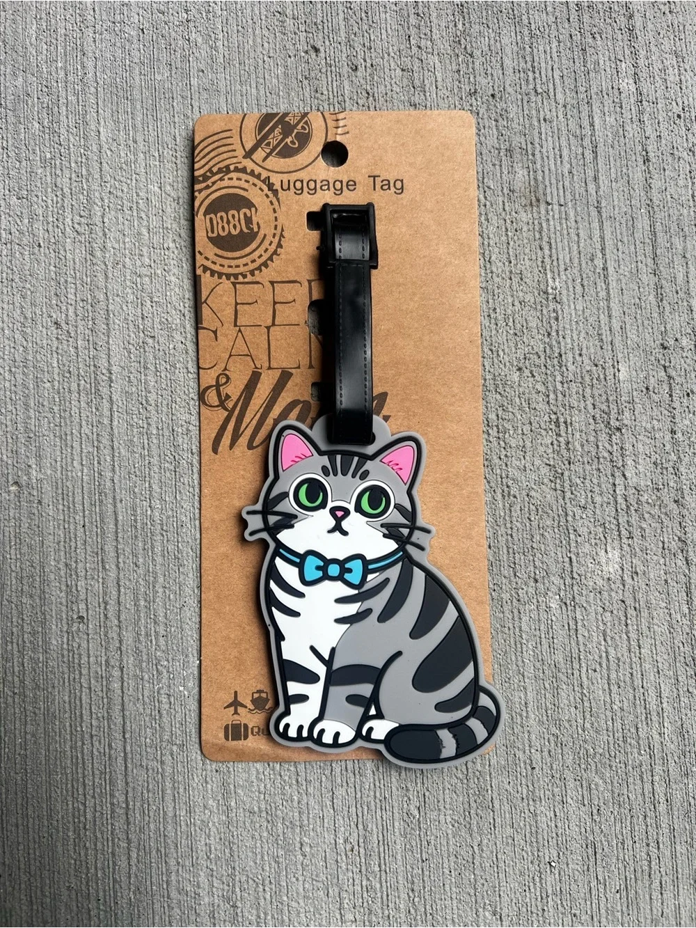 Cat Luggage Tag - Gray Tabby Cat with Blue Bow